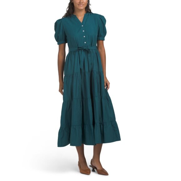 LUNA SKIES Green Tie Front Tiered Shirt Dress - Picture 1 of 2